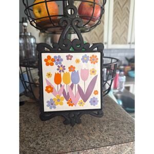 RETRO FLOWER POWER ceramic tile cast iron trivet